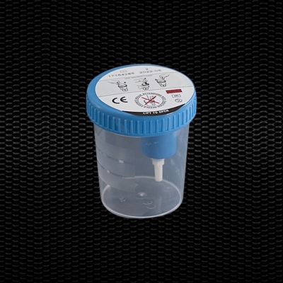 Picture of “SEKUR TAINER” ® polipropilēna urīna trauks, graduēts 120 ml, ar gaiši zilu skrūvējamu vāciņu ar paraugu ņemšanas ierīci vakuuma caurulēm STERILE R 100gb