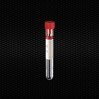Picture of Sterile polystyrene cylindrical test tube 12x86 mm 5 ml with red stopper and red label 100pcs