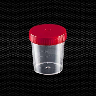Picture of Transparent polypropylene urine container 120 ml with red screw cap 100pcs