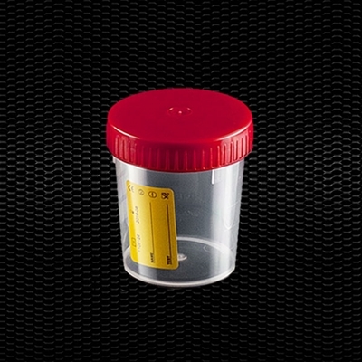 Picture of Transparent polypropylene urine container 120 ml with white screw cap and yellow label 100pcs