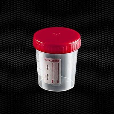 Picture of Прозрачный полипропиленовый контейнер для мочи 120 мл с красной винтовой крышкой и белой этикеткой STERILE R 100шт