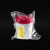 Show details for Transparent polypropylene urine container 120 ml with red screw cap and yellow label individually wrapped 100pcs