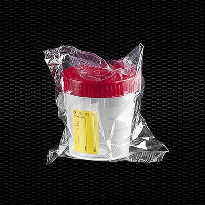 Picture of Transparent polypropylene urine container 120 ml with red screw cap and yellow label individually wrapped 100pcs