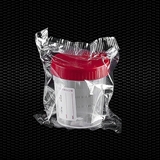 Show details for Transparent polypropylene urine container 120 ml with red screw cap and white label individually wrapped STERILE R 100pcs