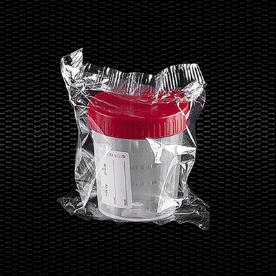 Picture of Transparent polypropylene urine container 120 ml with red screw cap and white label individually wrapped STERILE R 100pcs