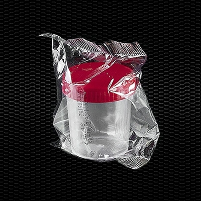Picture of Transparent polypropylene urine container 120 ml with red screw cap individually wrapped STERILE R 100pcs