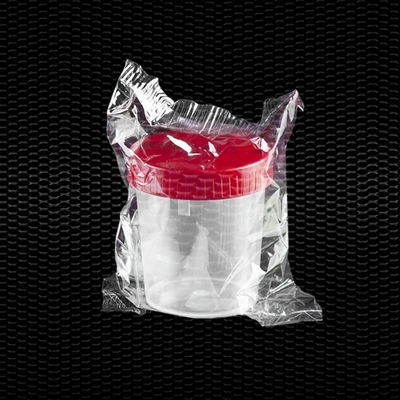 Picture of Transparent polypropylene urine container 120 ml with red screw cap individually wrapped STERILE R 100pcs
