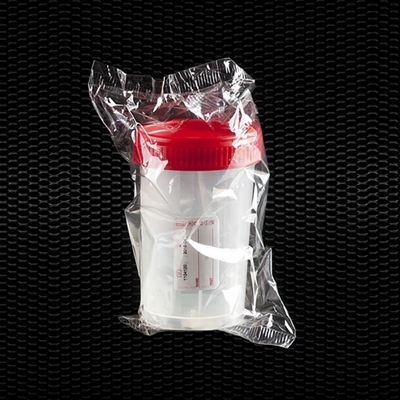 Picture of Polypropylene urine container 150 ml with red screw cap and label individually wrapped STERILE R 100pcs