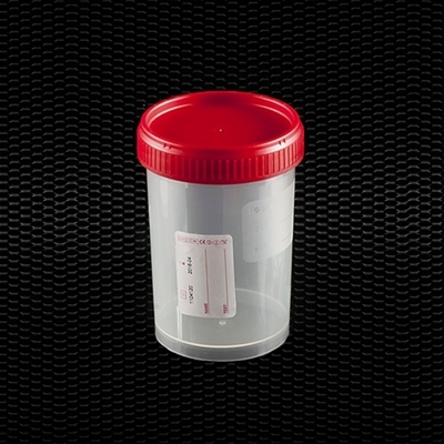 Picture of Polipropilēna urīna trauks 200 ml sarkana ar skrūvējamu vāciņu un baltu etiķeti STERILE R 100gb
