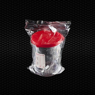 Picture of Polystyrene urine container 150 ml with red press-on cap and white label individually wrapped STERILE R 100pcs