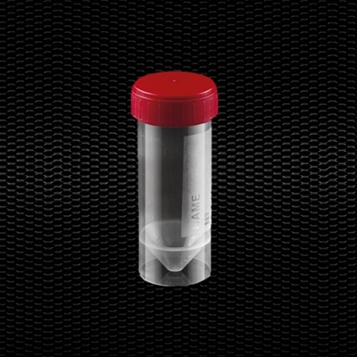 Picture of Caurspīdīgs polipropilēna urīna trauks 30 ml ar sarkanu skrūvējamu vāciņu 100gb