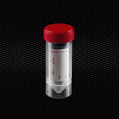 Picture of Caurspīdīgs polipropilēna urīna trauks 30 ml ar sarkanu skrūvējamu vāciņu un baltu etiķeti STERILE R 100gb