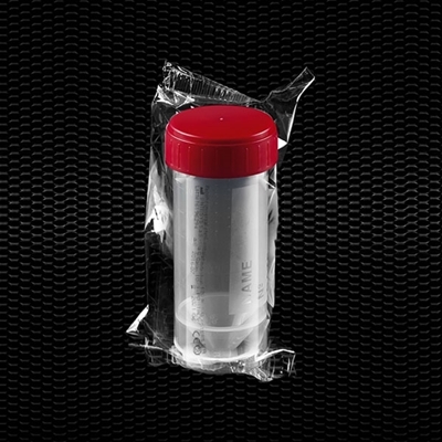 Picture of Transparent polypropylene urine container 30 ml with red screw cap individually wrapped STERILE R 100pcs