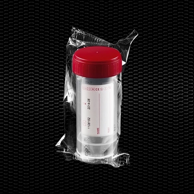 Picture of Transparent polypropylene urine container 30 ml with red screw cap with label individually wrapped STERILE R 100pcs