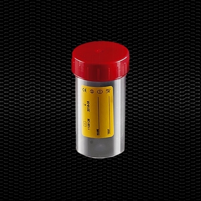 Picture of Caurspīdīgs 60 ml polipropilēna trauks ar sarkanu skrūvējamu vāciņu un dzeltenu etiķeti 100gb