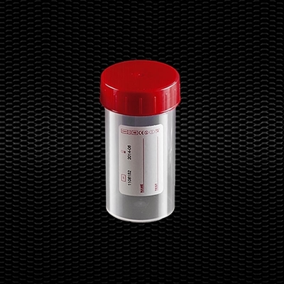 Picture of 	Transparent polypropylene universal container 60 ml with red screw cap white label STERILE R 100pcs