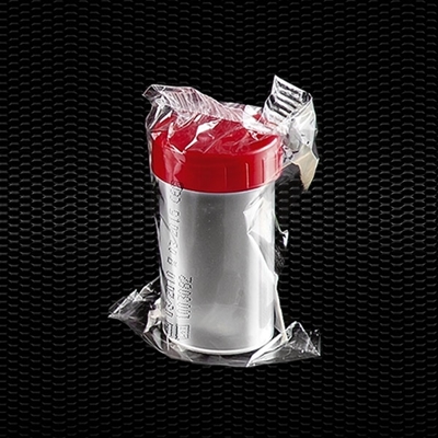 Picture of Transparent polypropylene universal container 60 ml with red screw cap individually wrapped STERILE R 100pcs