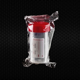 Показать информацию о Прозрачный полипропиленовый универсальный контейнер 60 мл с красной крышкой белая этикетка в индивидуальной упаковке STERILE R 100шт