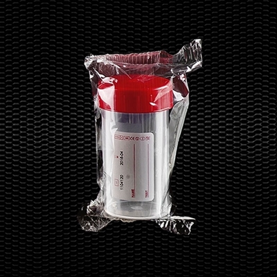 Picture of Transparent polypropylene universal container 60 ml with red screw cap white label individually wrapped STERILE R 100pcs