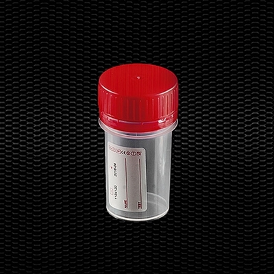 Picture of Universāls polipropilēna trauks 50 ml ar sarkanu skrūvējamu vāciņu ar  gredzenu un etiķeti 100gb
