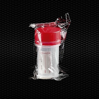 Picture of Universāls polipropilēna trauks 50 ml ar sarkanu ieskrūvējamu vāciņu ar gredzenu un etiķeti, atsevišķi iesaiņots 100gb
