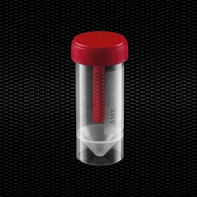 Picture of Polypropylene faeces container 30 ml 27x80 mm with red screw inserted cap 100pcs