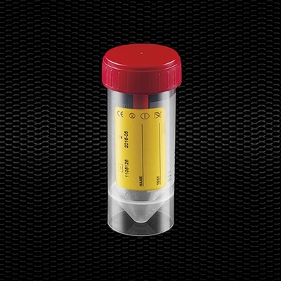 Picture of Polypropylene faeces container 30 ml 27x80 mm with red screw inserted cap yellow label 100pcs