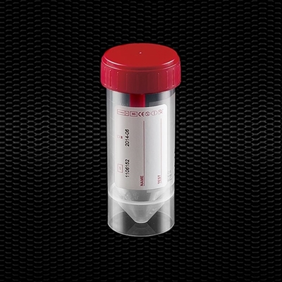 Picture of Polypropylene faeces container 30 ml 27x80 mm with red screw inserted cap labelled Sterile R 100pcs