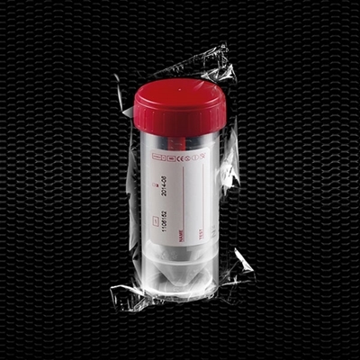 Picture of Polypropylene faeces container 30 ml 27x80 mm with red screw cap labelled individually wrapped Sterile R 100pcs