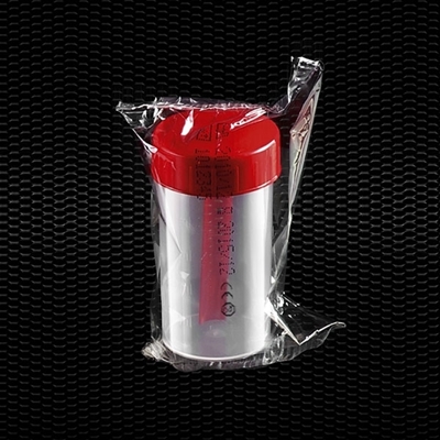 Picture of Polypropylene faeces container 60 ml 35x70 mm with red screw inserted cap individually wrapped 100pcs