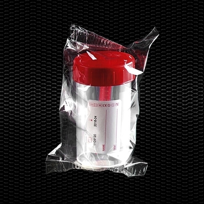 Picture of Polypropylene faeces container 60 ml 35x70 mm with red screw inserted cap labelled individually wrapped 100pcs