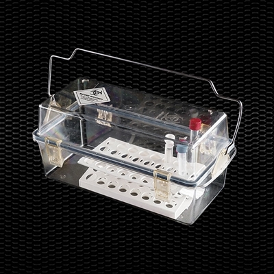 Picture of 	Polycarbonate autoclavable “Safety Box” container for biological samples transport, dim. 330x175x180h mm equipped with folding handle and safety fastenings 1pcs