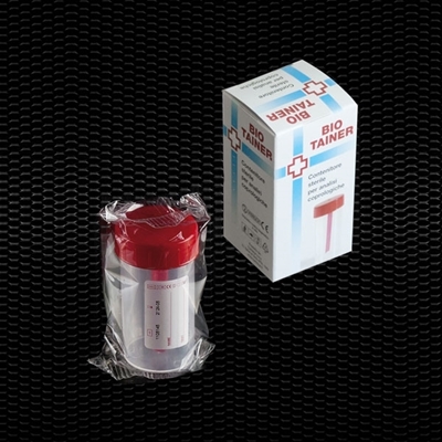 Picture of 	Polypropylene faeces conteiner 60 ml graduated with screw cap individually wrapped in single box “BIO-TAINER” 100pcs