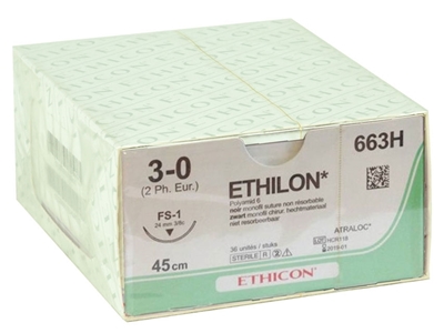 Picture of ETHICON ETHILON MONOFILAMENT SUTURES - gauge 3/0 needle 24 mm, 36 pcs.