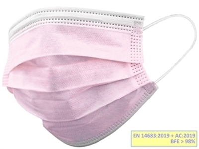 Picture of gisafe 98% filtrējoša ķirurģiskā maska 3 kārtu ar cilpām - pieaugušajiem - rozā krāsā - 50 gab. kastē.
