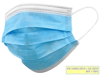 Picture of Filtrējošā gaismas 98%  ķirurģiskā maska 3 PLY IIR tipa ar cilpiņām - viena maisa - pieaugušajiem - gaiši zila - kaste 50 gab.